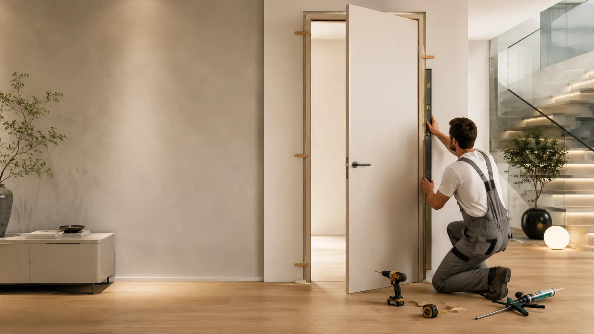 Montajul ușilor de interior — ușă montată și instrumente