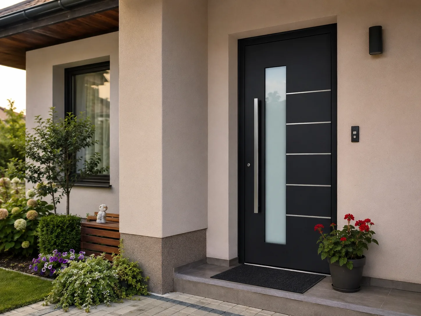 Ușă exterior aluminiu Exclusive L126-5 — ambient intrare neagră cu pui lateral vitrat