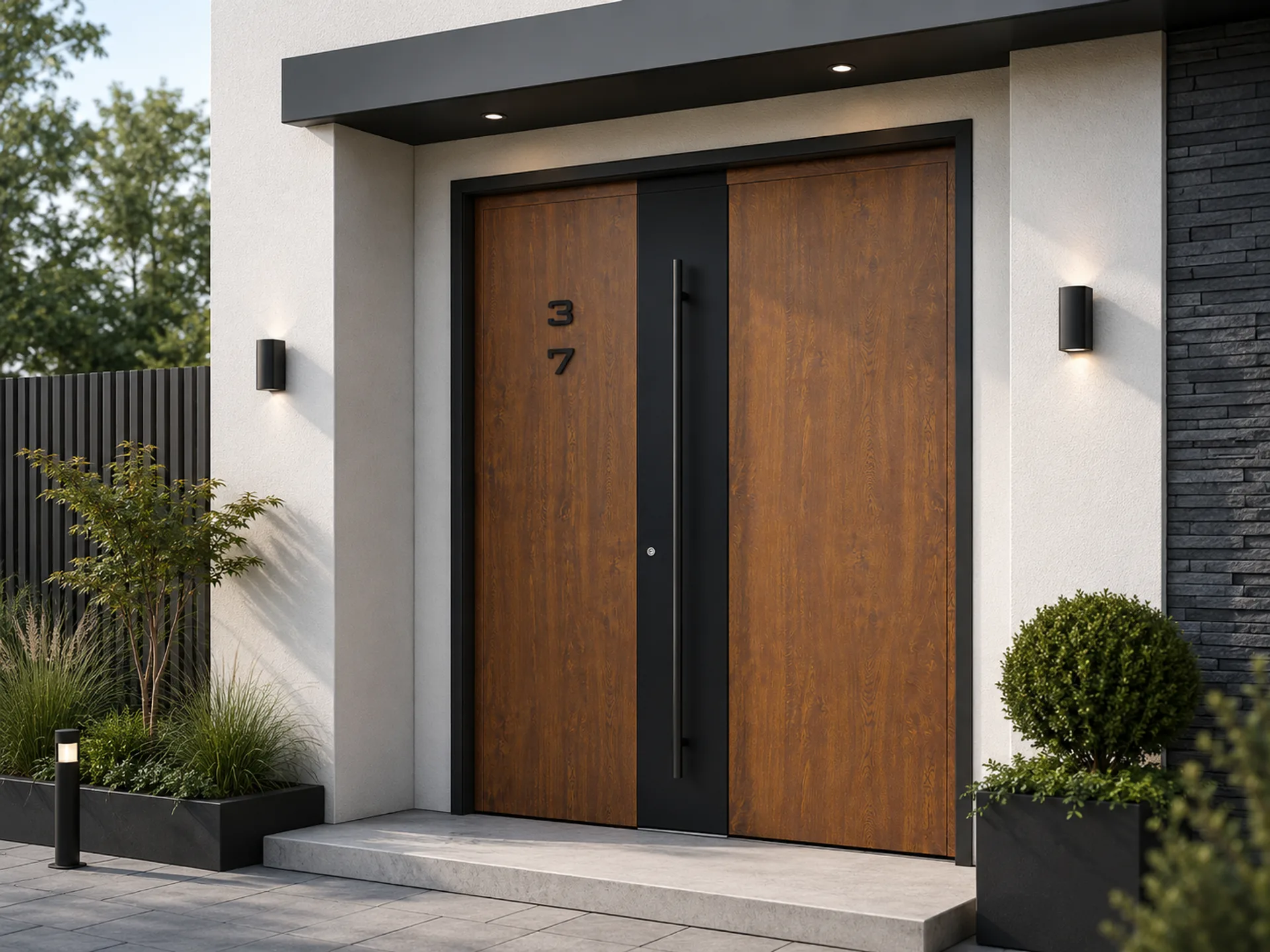 Ușă dublă de exterior cu aspect lemn premium — 2 canaturi