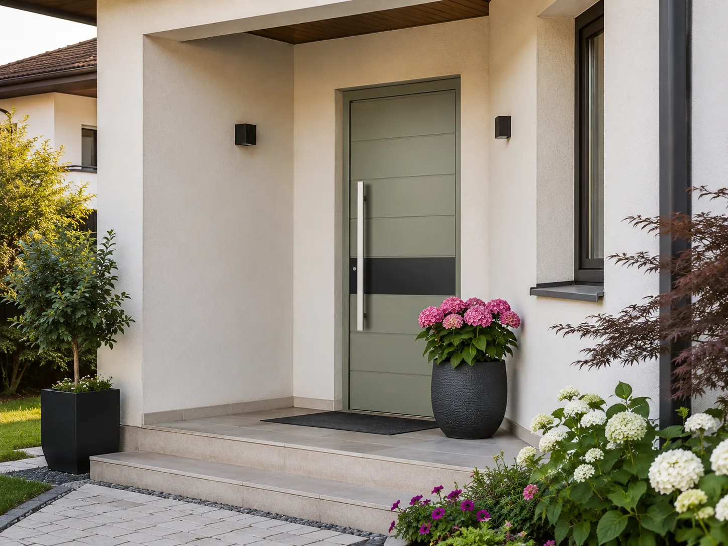 Ușă exterior aluminiu Exclusive L311 — ambient intrare frontală cu hortensii