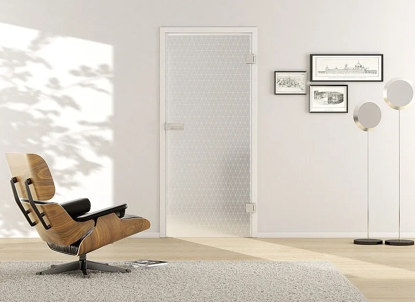 Porte intérieure en verre trempé avec gravure laser et motif personnalisé