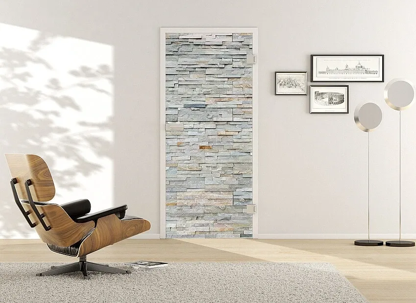 Porte en verre trempé VSG Digital avec effets optiques et transparence partielle